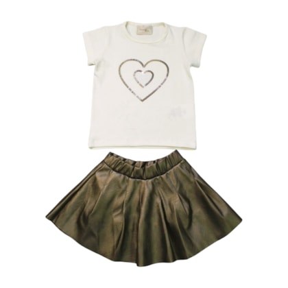 Conjunto Feminino Blusa Estampa Coração e Saia Courino 8235 - Serelepe   