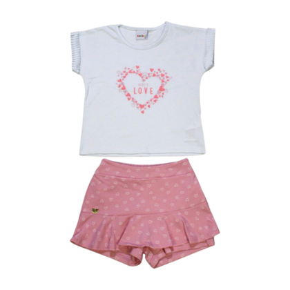 Conjunto Feminino Blusa Estampa Coração e Shorts Saia Moletinho 11435 - Kaiani 