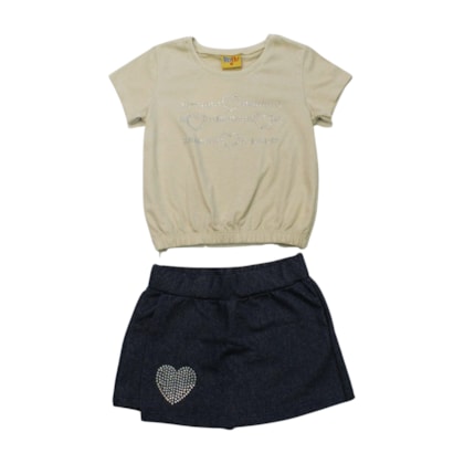 Conjunto Feminino Blusa Estampa Corações e Shorts Saia 25168 - Rollu