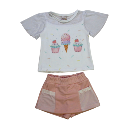 Conjunto Feminino Blusa Estampa Doces e Shorts Saia 1990 - Carol e Dani