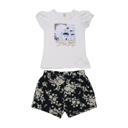 Conjunto Feminino Blusa Estampa Flores e Shorts Saia 21668 - Glinny