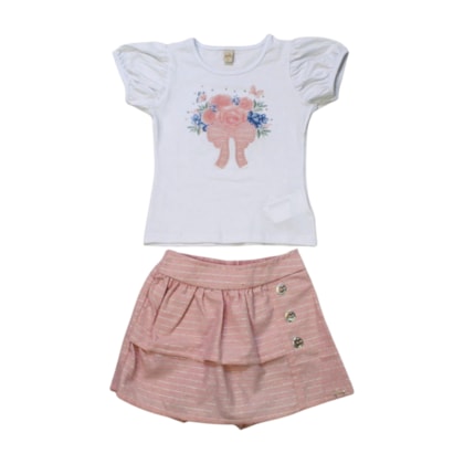 Conjunto Feminino Blusa Estampa Flores e Shorts Saia 21668 - Glinny