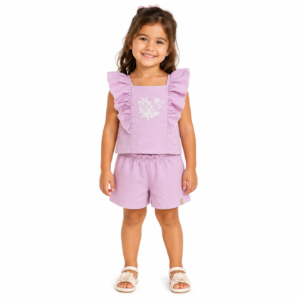 Conjunto Feminino Blusa Estampa Flores e Shorts Trabalhado 50430 - Kely Kety     