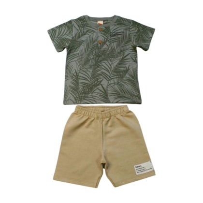 Conjunto Feminino Blusa Estampa Folhas com Botões e Bermuda Moletinho 9306 - Livy     