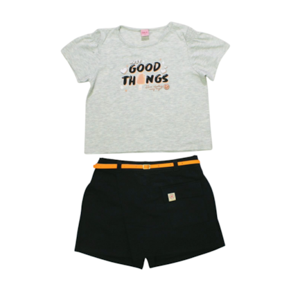 Conjunto Feminino Blusa Estampa Good e Shorts Saia com Cinto 04097 - Dila    