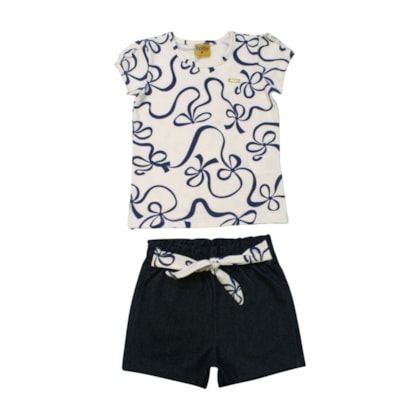 Conjunto Feminino Blusa Estampa Laços e Shorts Cotton Jeans  24161 - Rollu  