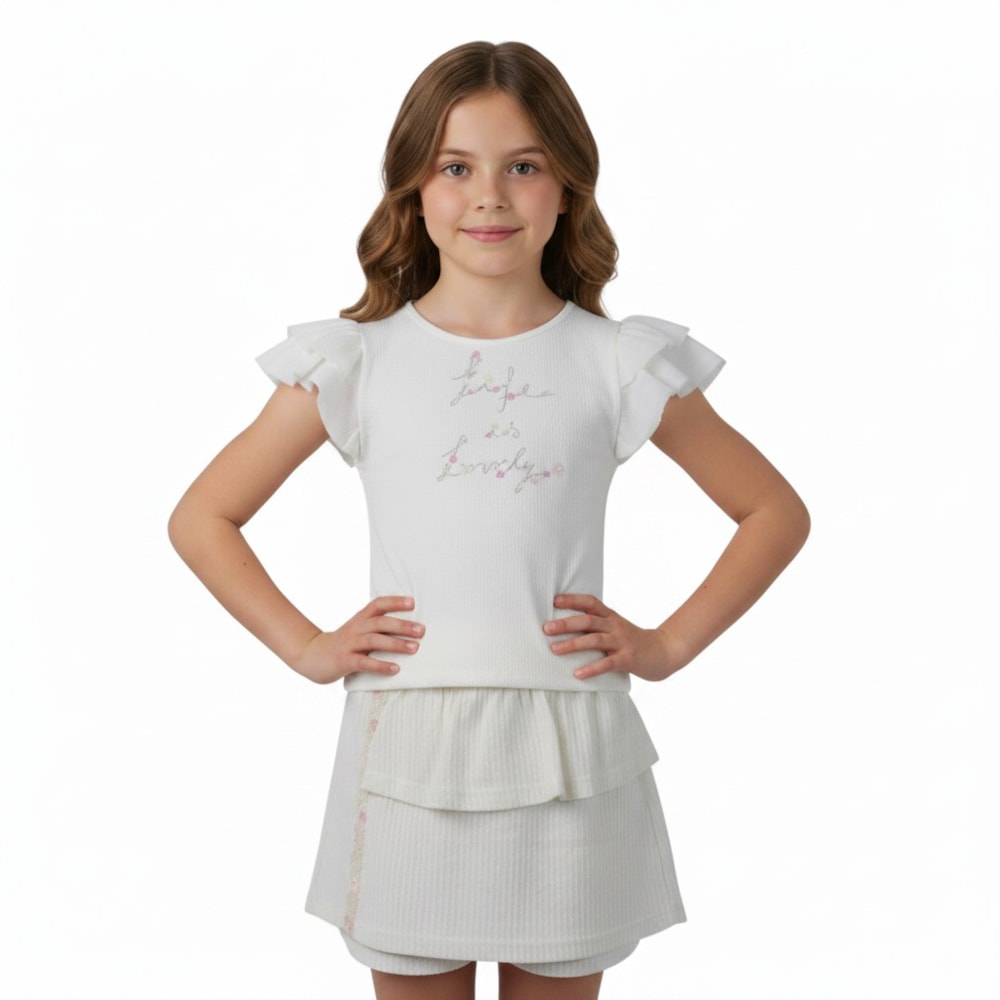 Conjunto Feminino Blusa Estampa Life e Shorts Saia 37500 - Angerô