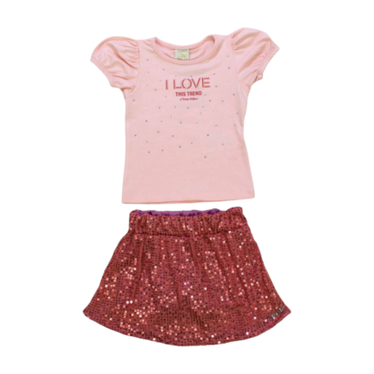 Conjunto Feminino Blusa Estampa Love e Saia com Paetê 8804 - Time Kids