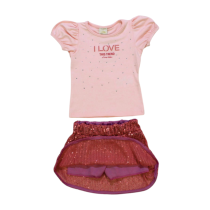 Conjunto Feminino Blusa Estampa Love e Saia com Paetê 8804 - Time Kids