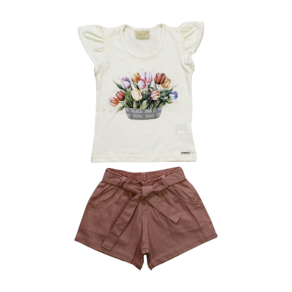 Conjunto Feminino Blusa Estampa Rosas e Shorts Tecido 385727 - Vrasalon 