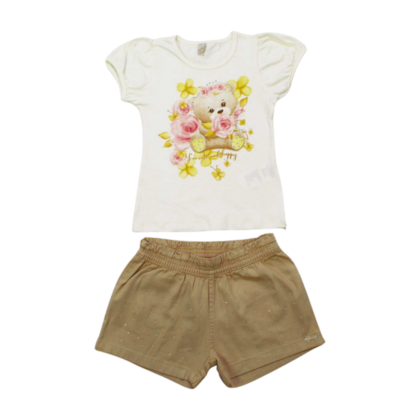 Conjunto Feminino Blusa Estampa Ursa e Shorts Sarja com Strass 21565 - Glinny    