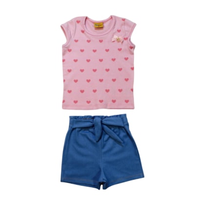 Conjunto Feminino Blusa Estampada Corações e Shorts Cotton Jeans 24136 - Rollu