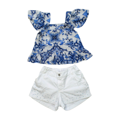 Conjunto Feminino Blusa Estampada e Shorts Sarja com Brilho 8205 - Mini Miss 