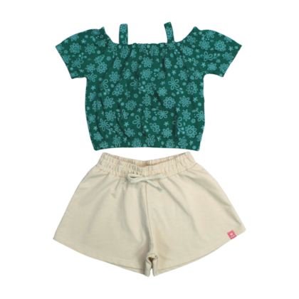 Conjunto Feminino Blusa Estampada Flores e Shorts Moletinho 11448 - Kaiani  