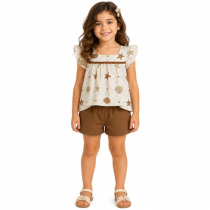 Conjunto Feminino Blusa Estampada Fundo do Mar e Shorts A0348 - Alakazoo