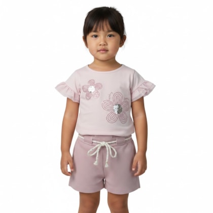 Conjunto Feminino Blusa Flores Bordada e Shorts 37460 - Angerô