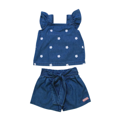 Conjunto Feminino Blusa Flores e Shorts Jeans 8798 - Time Kids