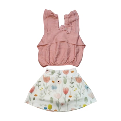 Conjunto Feminino Blusa Laço e Saia Estampada Flores 2129A - Carol e Dani  