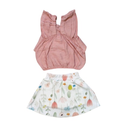 Conjunto Feminino Blusa Laço e Saia Estampada Flores 2129A - Carol e Dani  