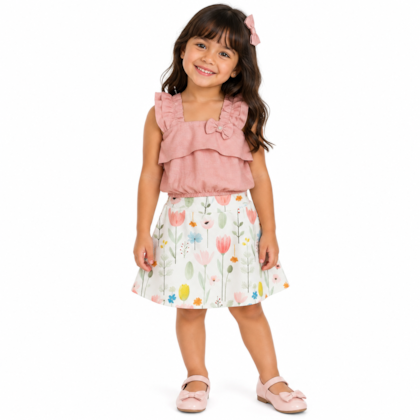 Conjunto Feminino Blusa Laço e Saia Estampada Flores 2129A - Carol e Dani  