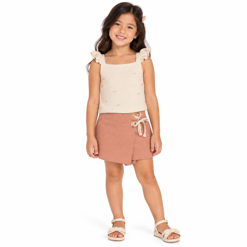 Conjunto Feminino Blusa Laços e Shorts Saia - 37444 - Angerô