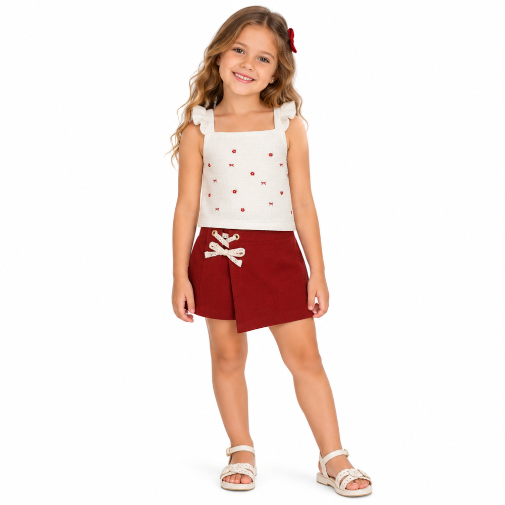 Conjunto Feminino Blusa Laços e Shorts Saia - 37444 - Angerô