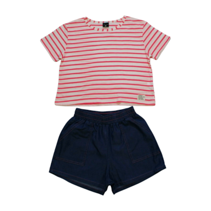 Conjunto Feminino Blusa Listrada e Shorts Jeans 04111 - Aerosfera