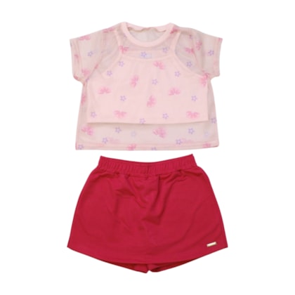 Conjunto Feminino Blusa Top com Tela Estampada e Shorts Saia Moletinho 11915 - Kaiani   