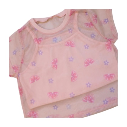 Conjunto Feminino Blusa Top com Tela Estampada e Shorts Saia Moletinho 11915 - Kaiani   