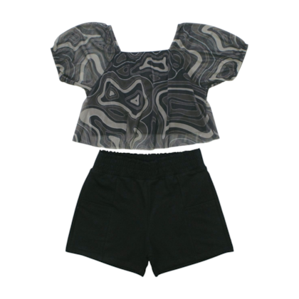 Conjunto Feminino Blusa Tule e Shorts Sarjado 5000073 - Amora 