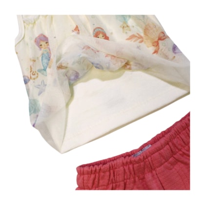 Conjunto Feminino Blusa Tule Estampada Sereia e Shorts 37224 - Angerô         