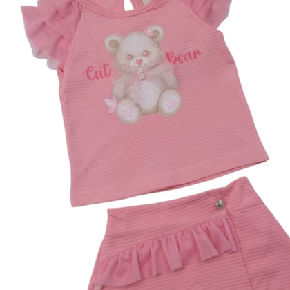 Conjunto Feminino Blusa Urso com Tule e Saia - 37419 - Angerô