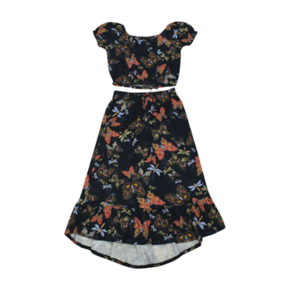 Conjunto Feminino Estampado Borboletas Croppd e Saia Longa 39949 - Alakazoo