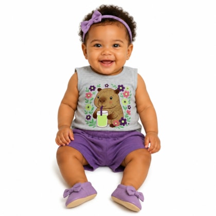 Conjunto Feminno Blusa Estampa Capivara e Shorts Moletinho 1001778 - Kyly
