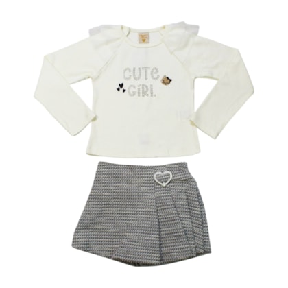 Conjunto Longo Blusa Cute Bordado e Shorts Saia Tweed 37307 - Angerô