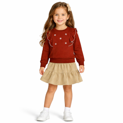 Conjunto Longo Blusão Flores Bordada e Saia Veludo 37305 - Angerô