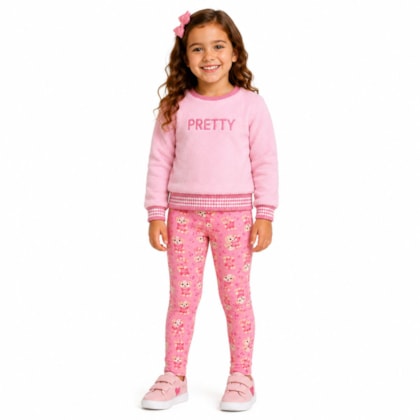 Conjunto Longo Blusão Pêlo Bordado Pretty e Legging Estampada  18624 - Teddy
