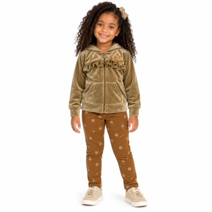 Conjunto Longo Casaco Veludo Aplique Flor e Legging 37319 - Angerô