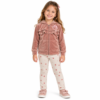 Conjunto Longo Casaco Veludo Aplique Flor e Legging 37319 - Angerô