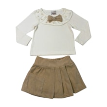 Conjunto Longo Feminino Blusa Aplique Laço e Saia Cotelê 2219 - Carol e Dani