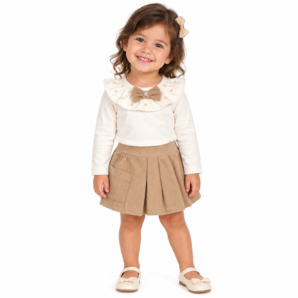 Conjunto Longo Feminino Blusa Aplique Laço e Saia Cotelê 2219 - Carol e Dani