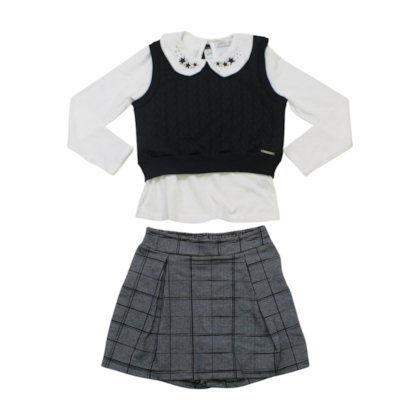 Conjunto Longo Feminino Blusa, Colete e Shorts Saia Xadrez 3 Peças 65334 - Alakazoo 