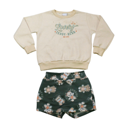 Conjunto Longo Feminino Blusão Moletom e Shorts Saia Estampado Ursos 11695 - Kaiani
