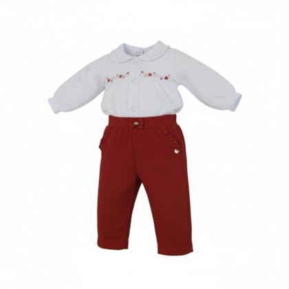 Conjunto Longo Feminino Body Bordado Flores e Calça 22100059 - Aconchego do Bebê