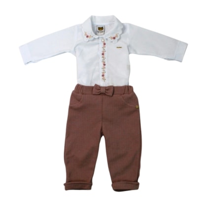 Conjunto Longo Feminino Colan Bordado Flores e Calça 22100047 - Aconchego do Bebê