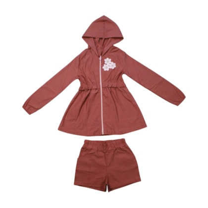 Conjunto Longo Feminino Parka com Aplique Flores  e Shorts 2207 - Carol e Dani
