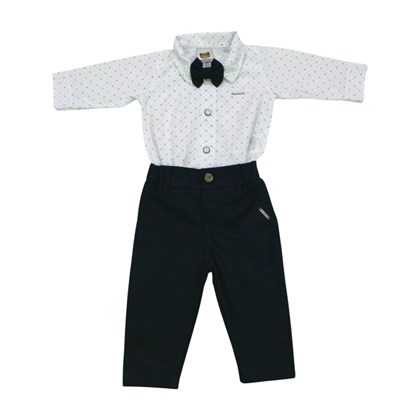 Conjunto Longo Masculino Colan Camisa com Gravata e Calça em Sarja 212657 - Aconchego do Bebê