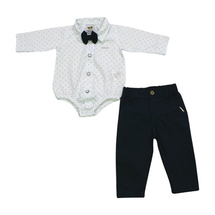Conjunto Longo Masculino Colan Camisa com Gravata e Calça em Sarja 212657 - Aconchego do Bebê