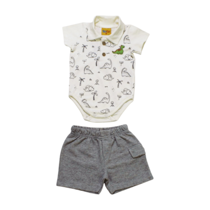 Conjunto Masculino Body Polo Estampa Dino e Bermuda Moletinho 22218 - Rollu     