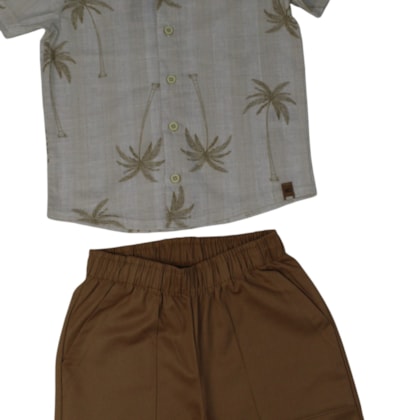 Conjunto Masculino Camisa Estampada Coqueiros e Bermuda Tecido A0505 - Alakazoo
